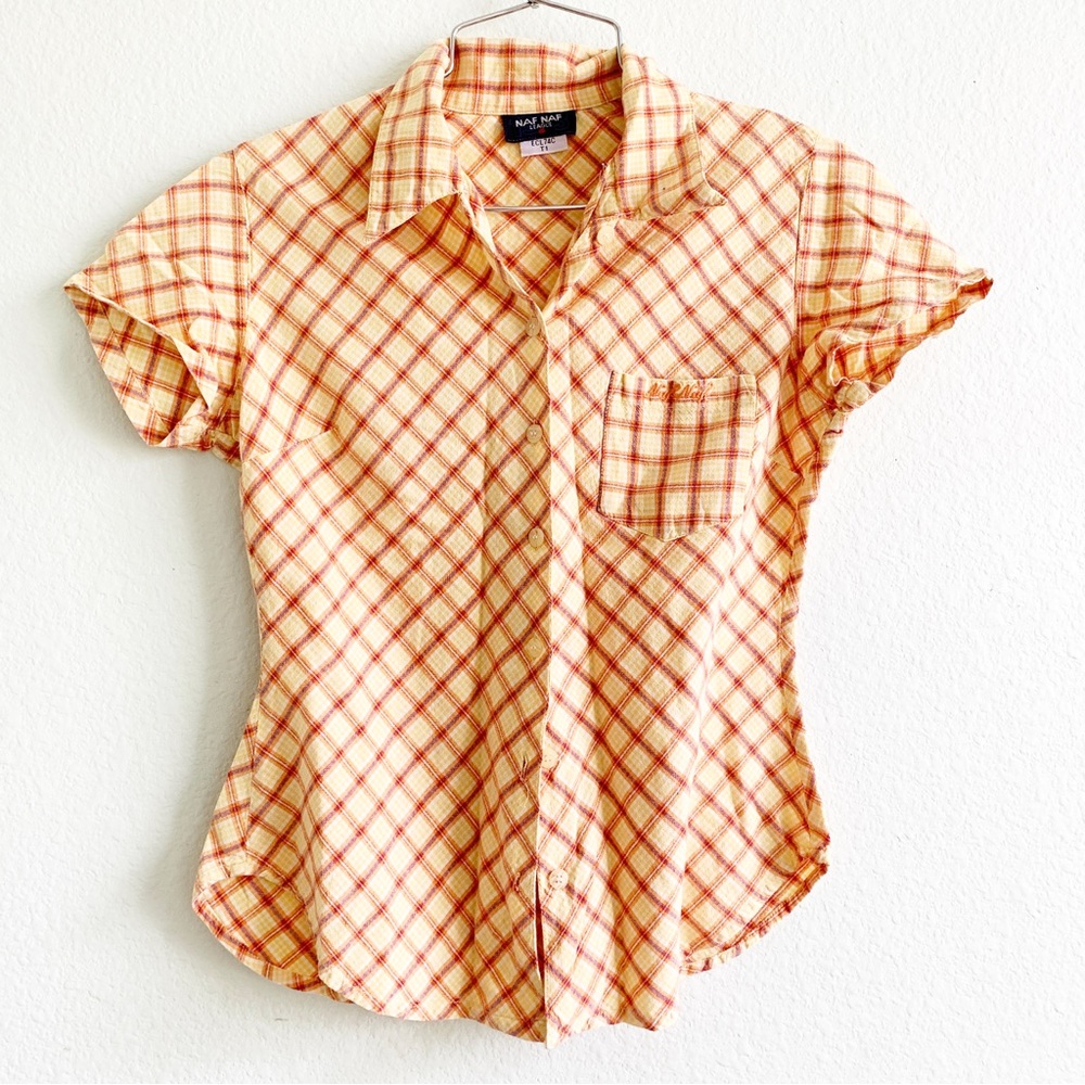 VINTAGE NAF NAF y2k retro short sleeve blouse button up top plaid Small pocket